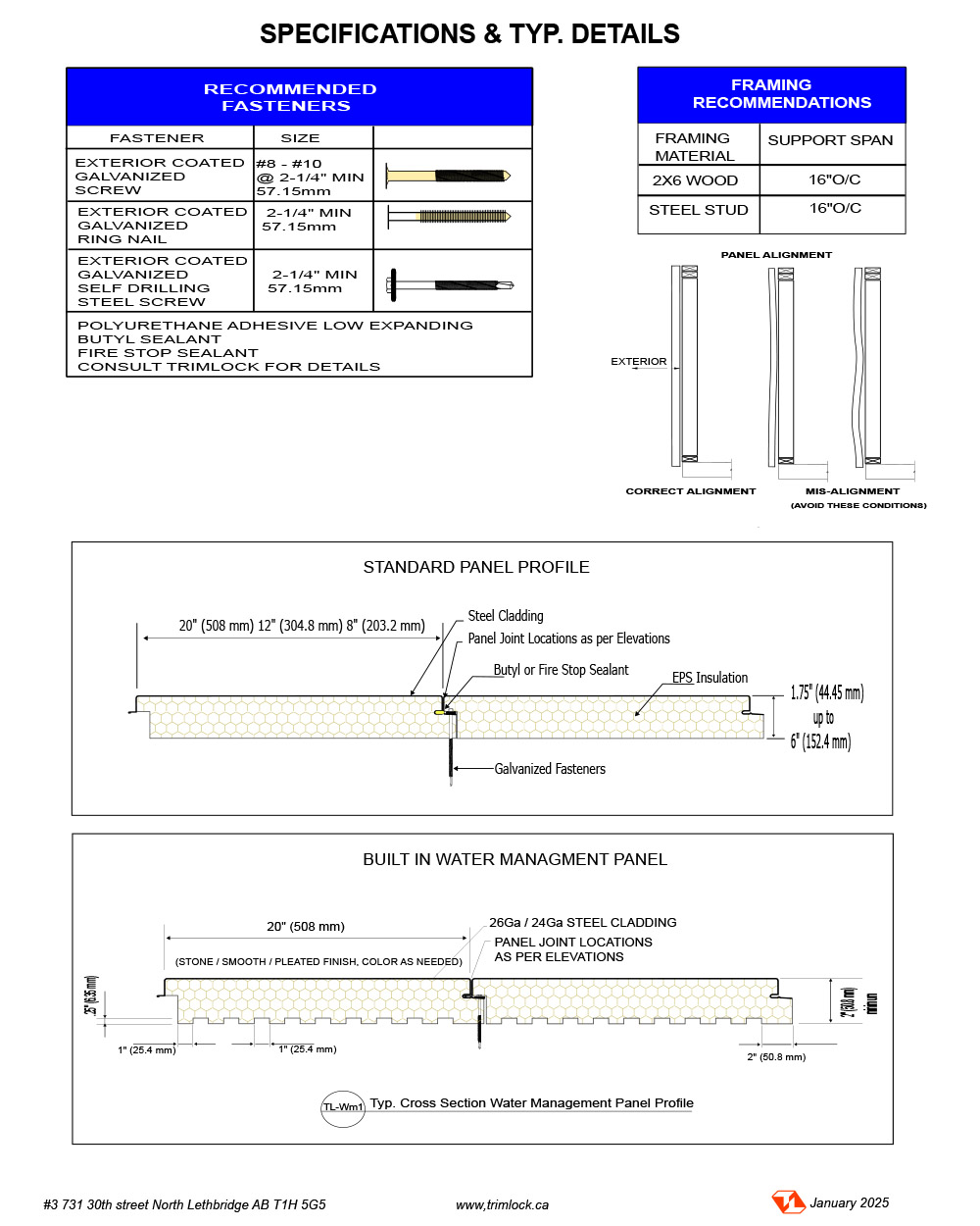 Fastener & Framing Specification - Single Clad - Trimlock - Alberta, Canada